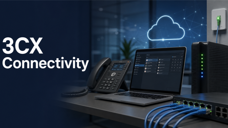 Hosted 3CX phone system connected through business broadband and network equipment