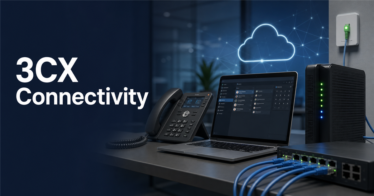 Hosted 3CX phone system connected through business broadband and network equipment
