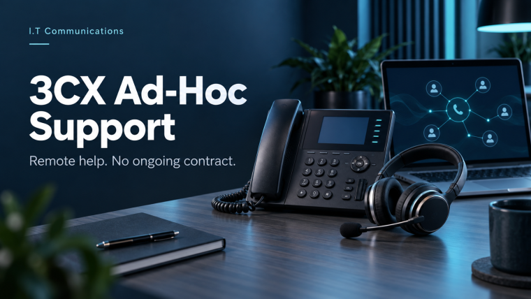 3CX Ad-Hoc Support — remote help with no ongoing contract, illustrated with a desk phone, headset and laptop.