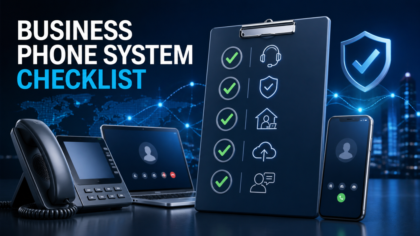 Business phone system devices beside a practical requirements checklist
