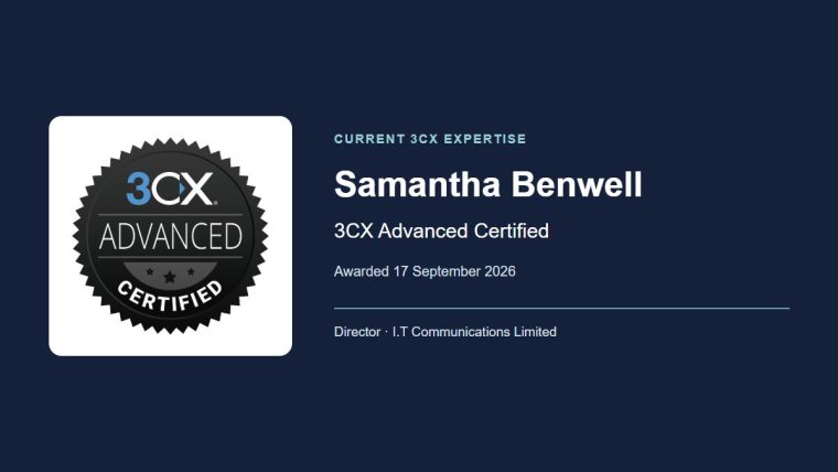 3CX Advanced Certification awarded to Samantha Benwell in September 2026