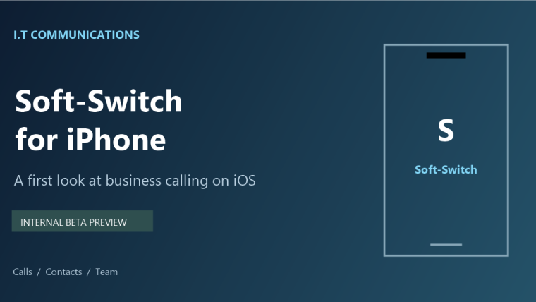 Soft-Switch for iPhone internal beta preview, with an illustrated phone and calls, contacts and team features.