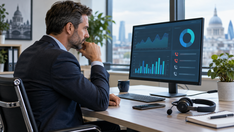 Concept illustration of a manager reviewing call reporting charts