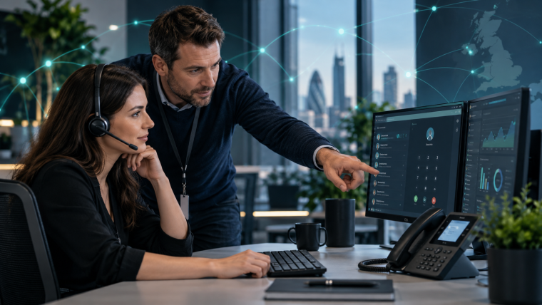 Illustrative IT support team reviewing a business communications system