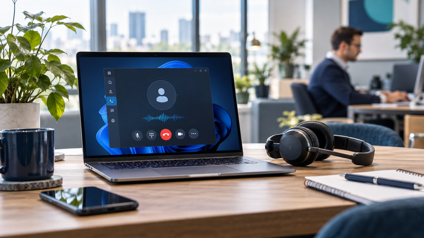 Illustrative office laptop with a generic calling interface and headset