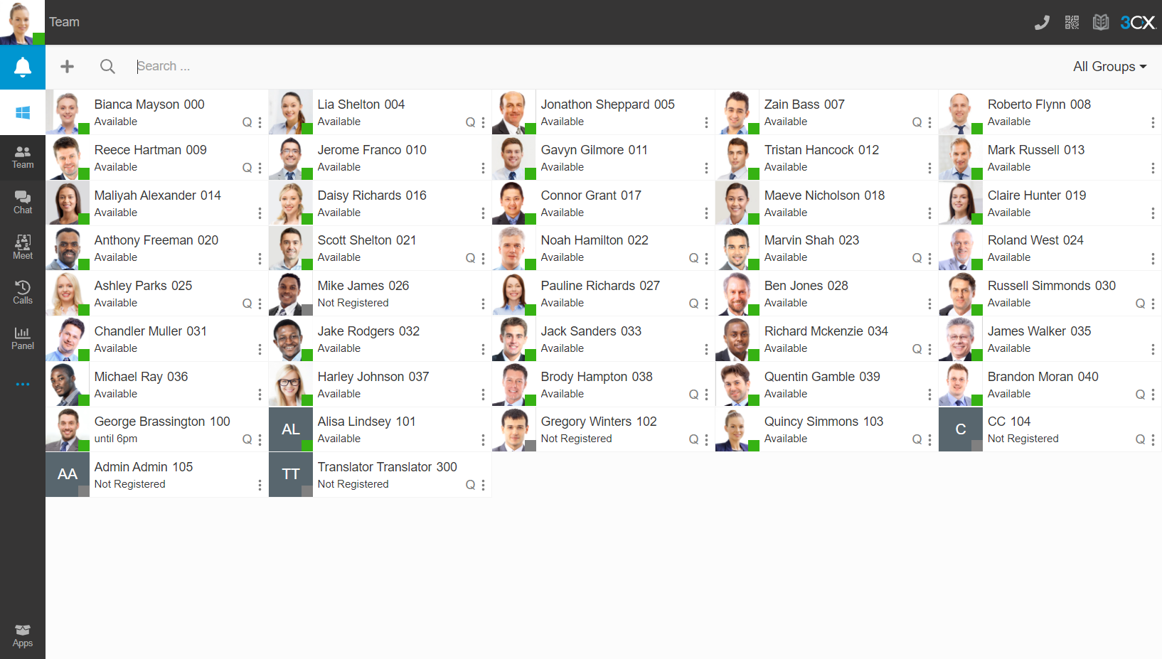 3CX Web Client showing team presence and availability
