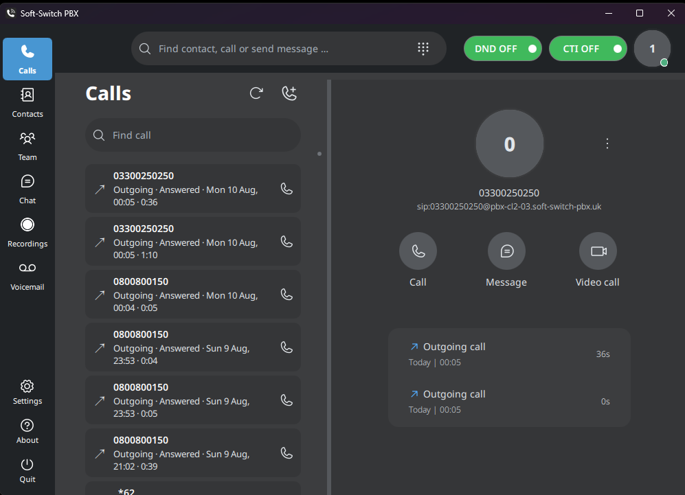Soft-Switch PBX desktop application showing call history and call controls