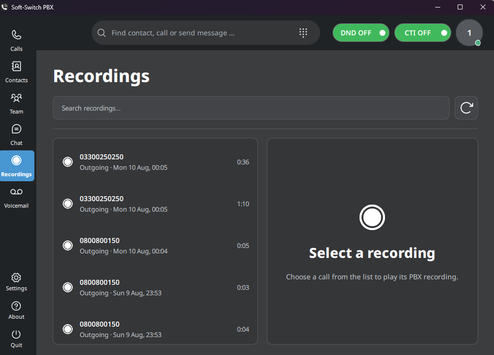 Soft-Switch PBX recordings screen showing recorded business calls