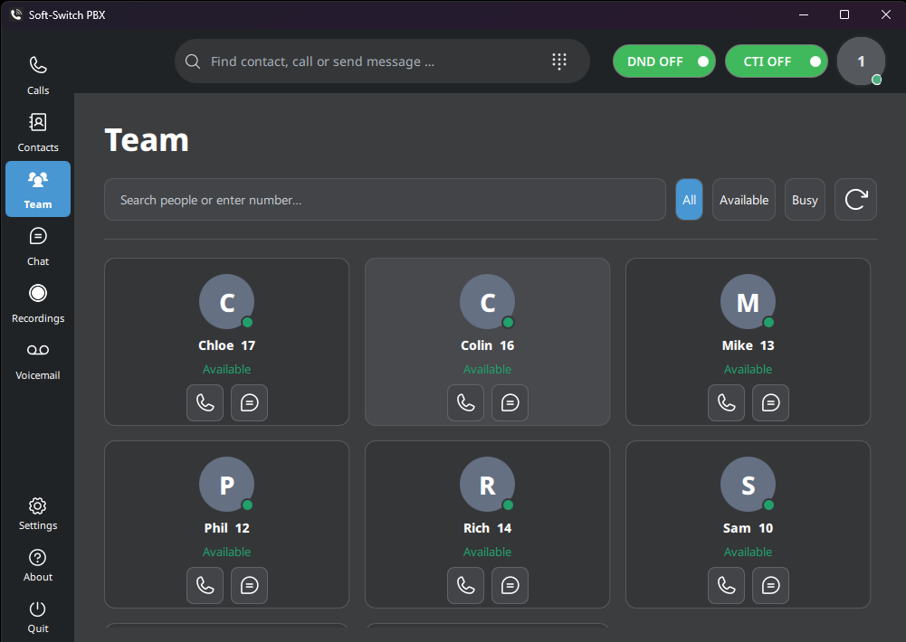 Soft-Switch PBX team screen showing presence and calling controls