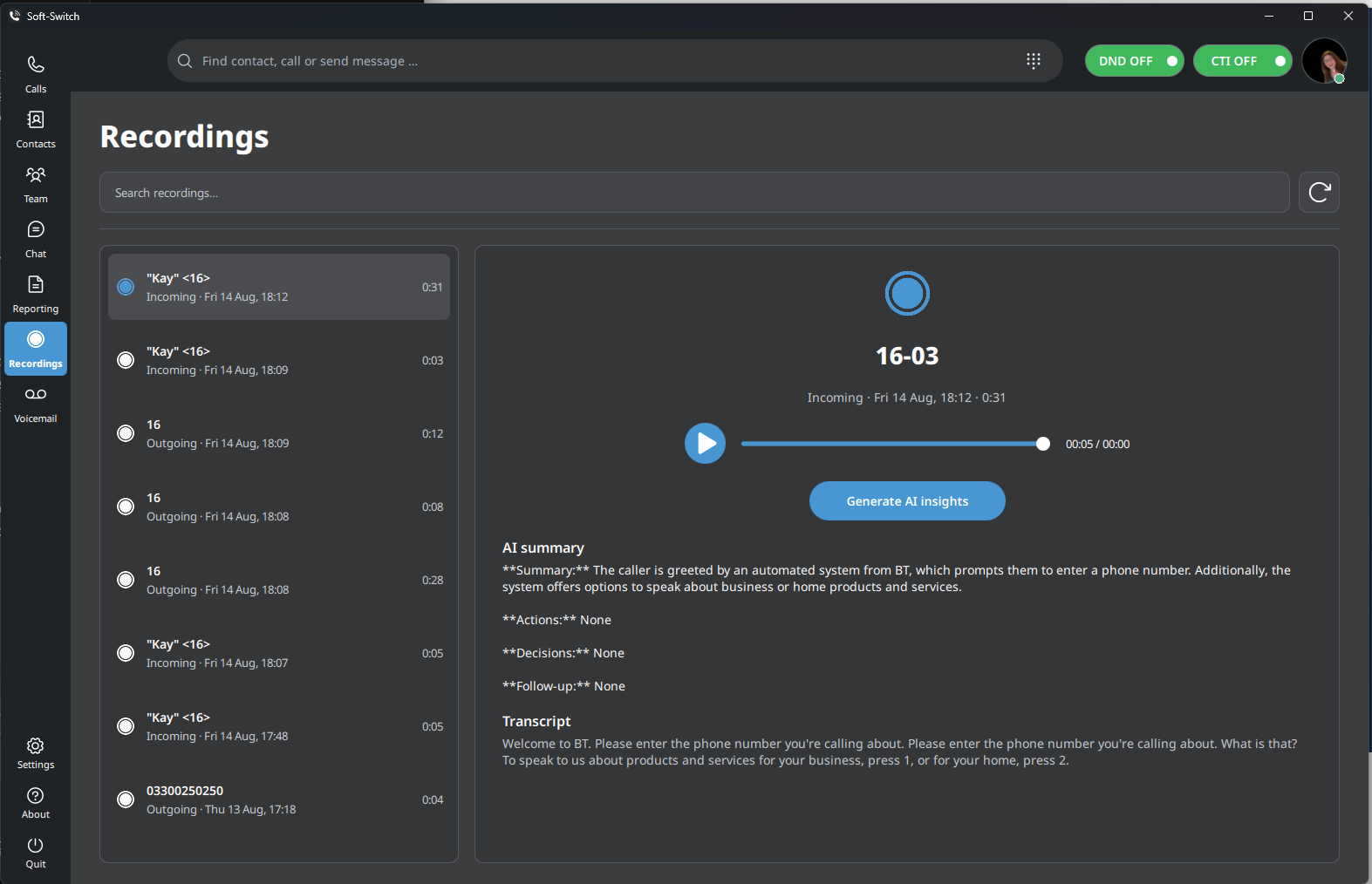Recording and AI call intelligence workspace in Soft-Switch VoIP APP
