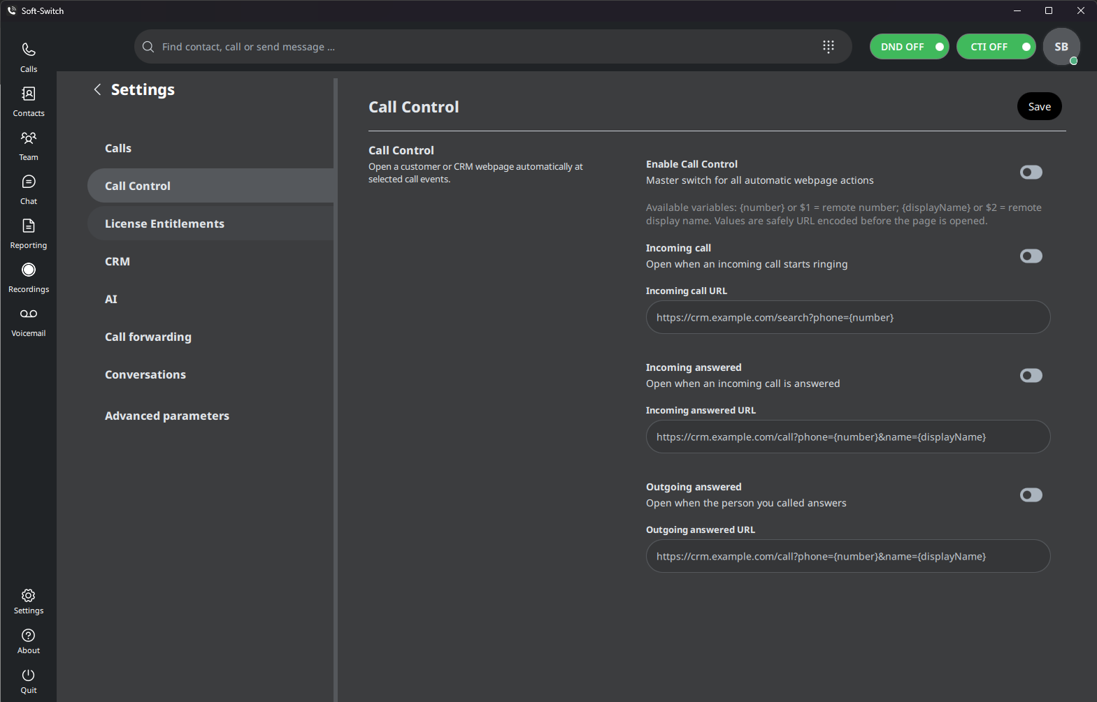 Soft-Switch VoIP APP Call Control settings for opening configured web pages at incoming and answered call events