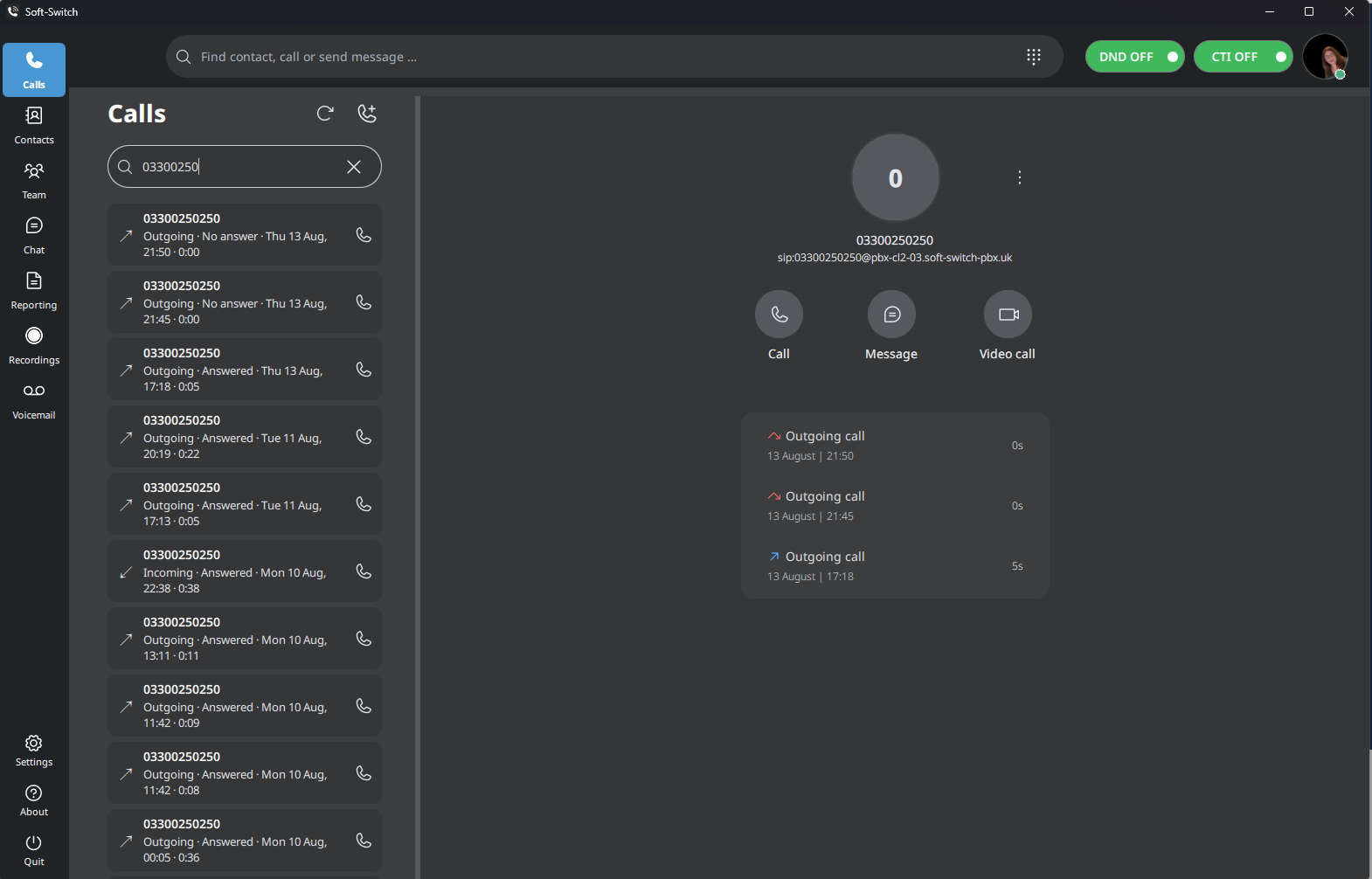 Soft-Switch VoIP APP showing call history, contact search and call controls