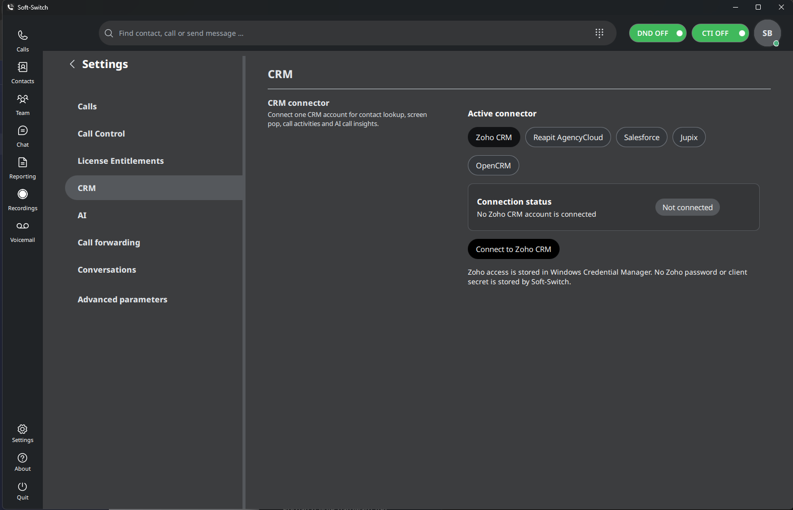 Soft-Switch VoIP APP CRM settings showing Zoho CRM, Reapit AgencyCloud, Salesforce, Jupix and OpenCRM connectors