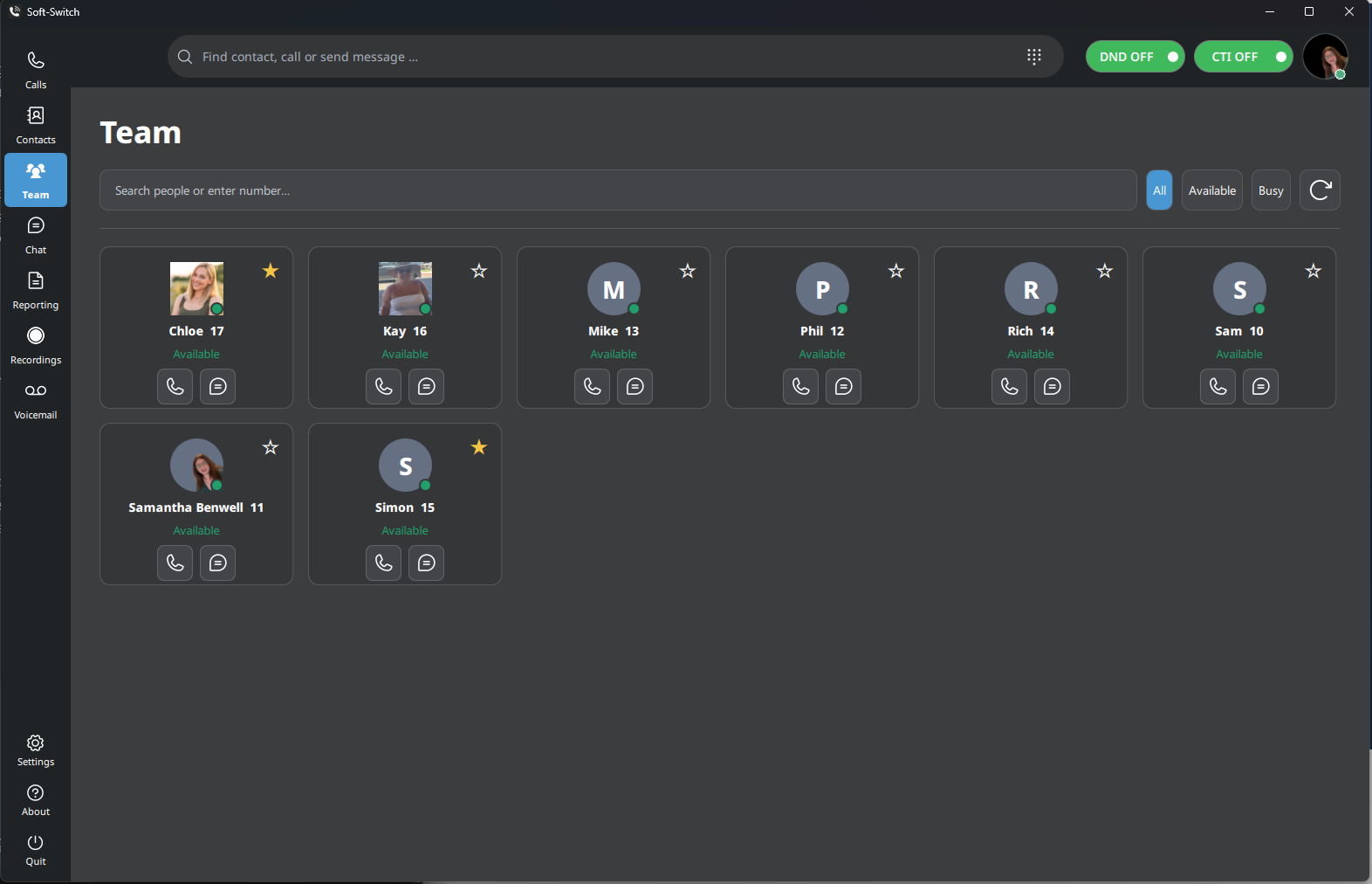 Team presence and colleague availability in Soft-Switch VoIP APP